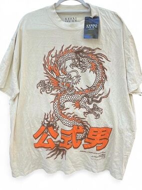 Boohoo Cream Short-Sleeve Tee with Orange & Brown Dragon Graphic